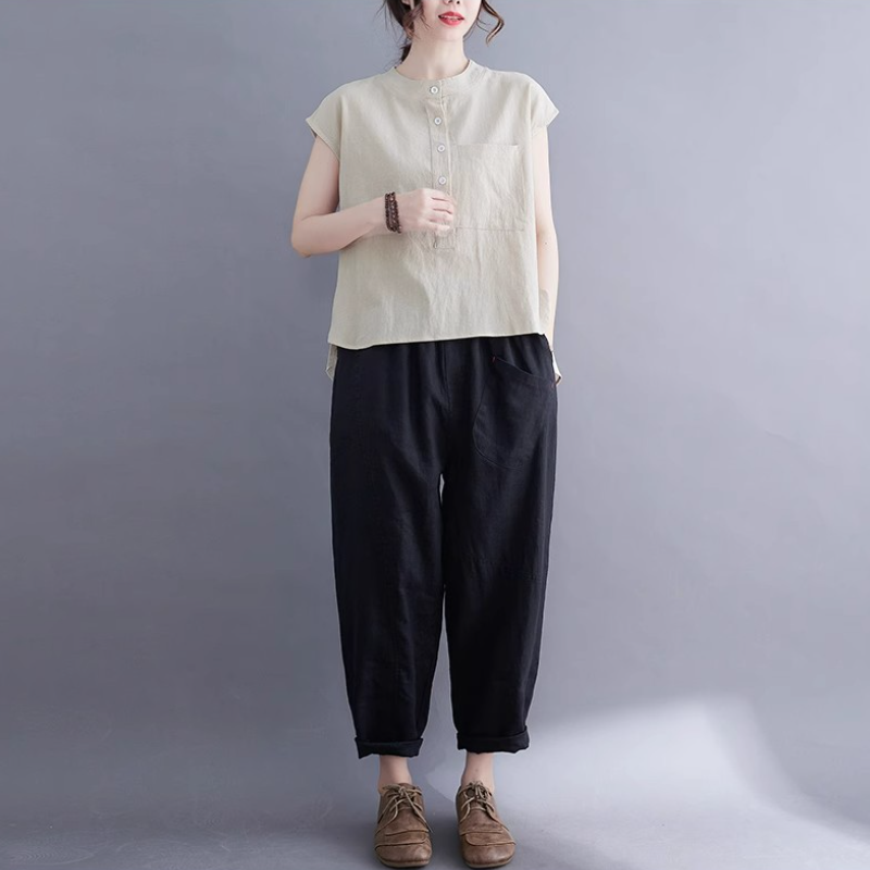 夏季棉麻無袖上衣｜文青風立領素色寬版襯衫 大尺碼百搭款