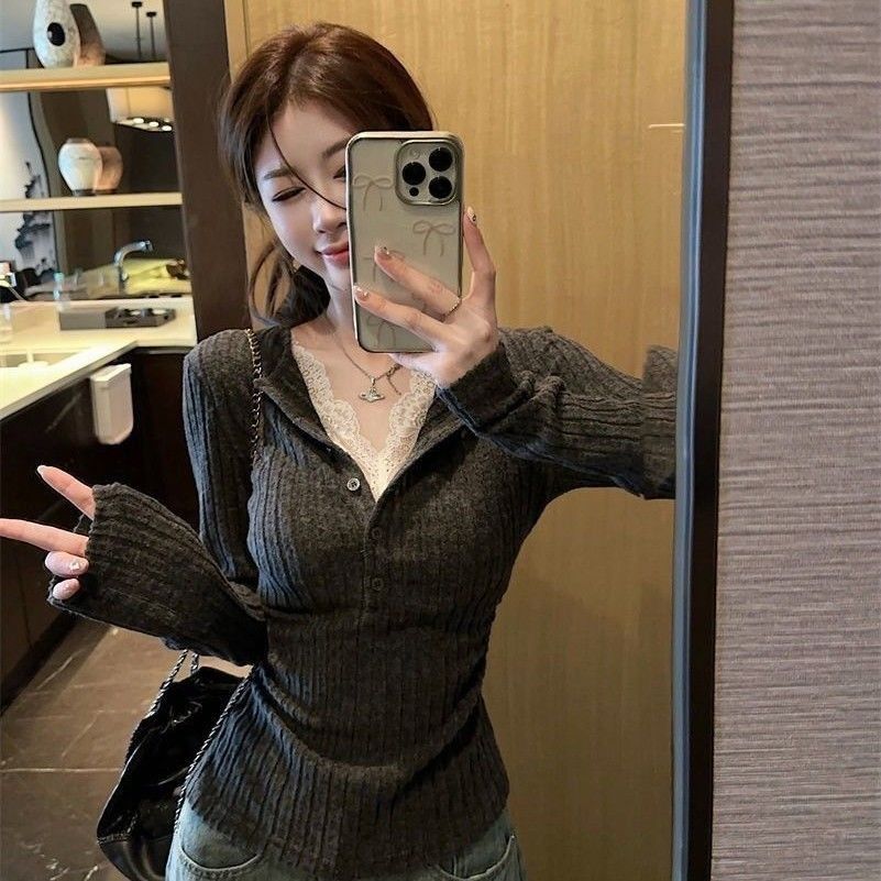 假兩件蕾絲拼接針織上衣 坑條羅紋 秋冬收腰修身長袖打底款