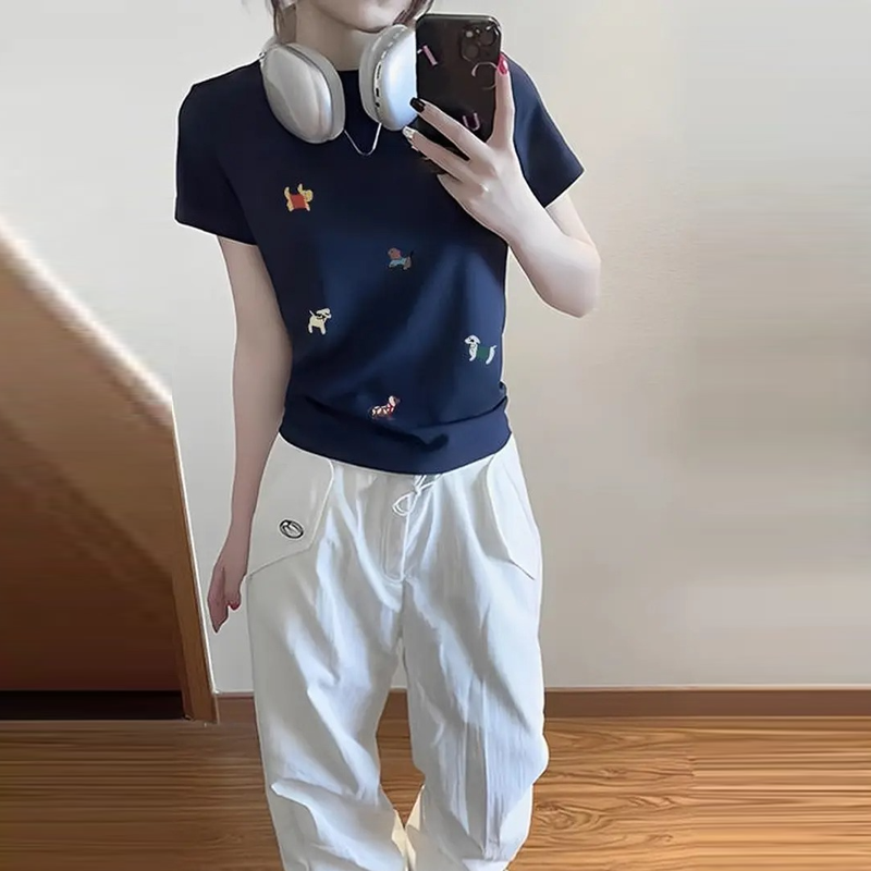 純棉短袖T恤 美式復古 標準肩線 合身顯瘦 小狗印花卡通圖案