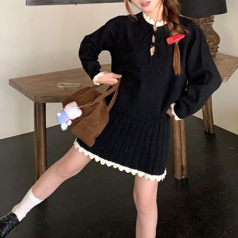 溫柔系針織套裝 蝴蝶結織紋上衣＋百褶裙 兩件式 顯瘦減齡