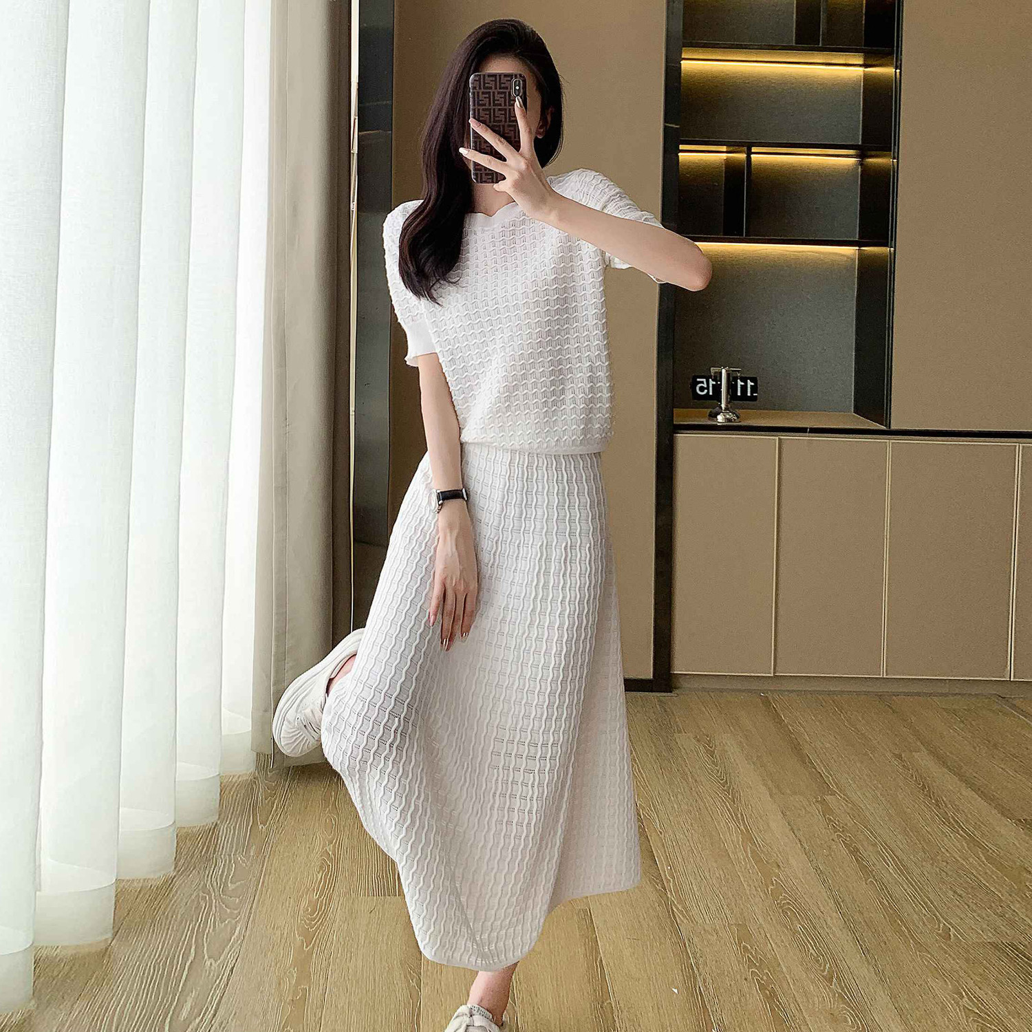 小香風鏤空針織套裝 法式刺繡透膚傘狀裙可拆式兩穿上下套裝