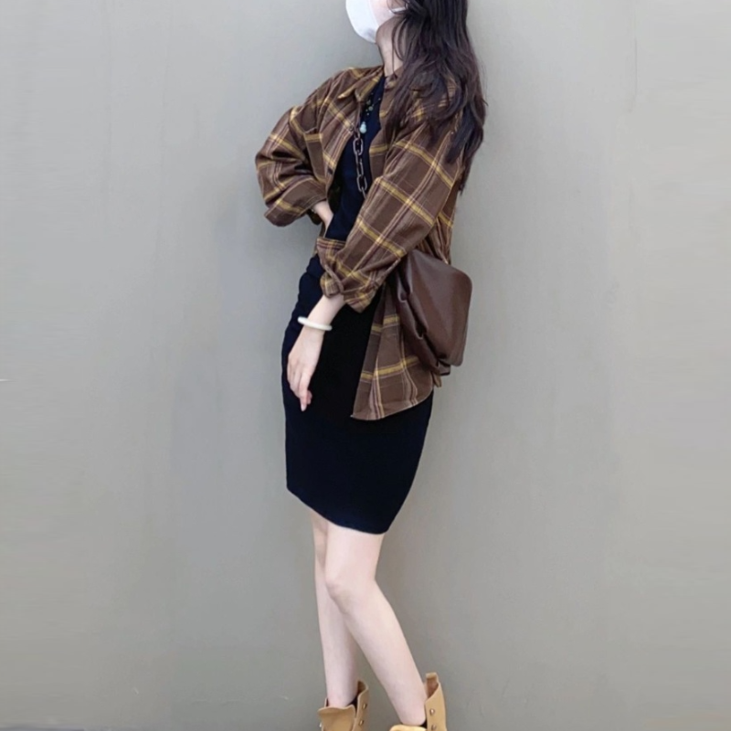 【單品可選】春夏韓版高級感顯瘦溫柔風 格紋襯衫+連身裙套裝