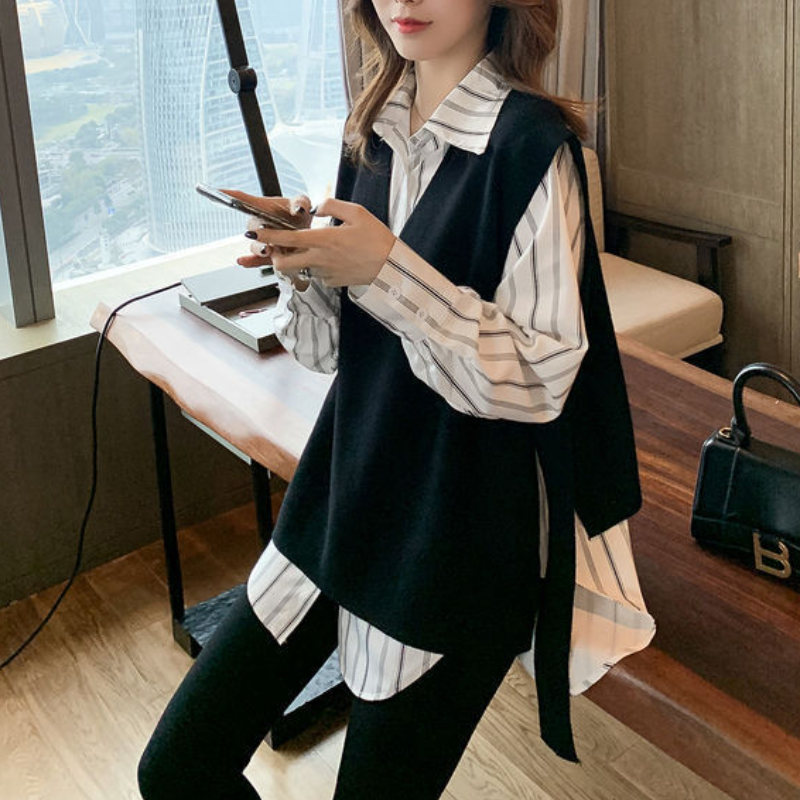 韓系 ‧ 條紋襯衫上衣+黑色針織背心兩件套