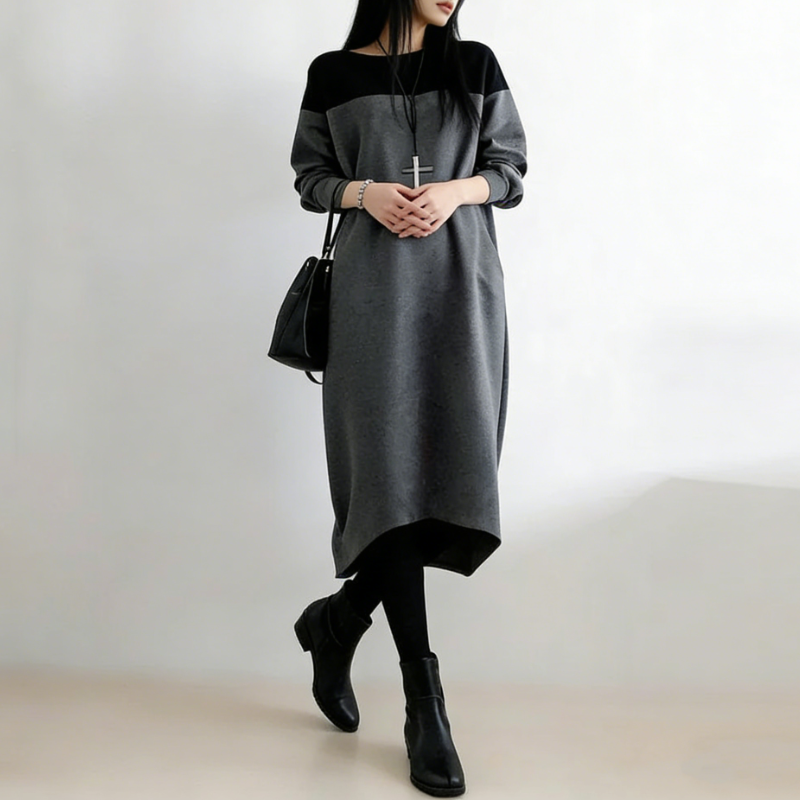 撞色拼接長版洋裝 寬鬆剪裁 圓領設計 秋冬耐看百搭