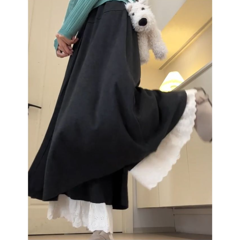 深灰蕾絲拼接褲裙 闊腿垂墜感 嬌小友善 秋季新款