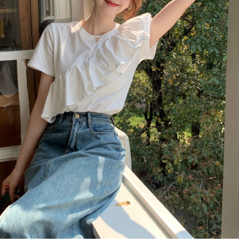 甜美荷葉邊短袖上衣 小眾顯瘦T恤設計感白色