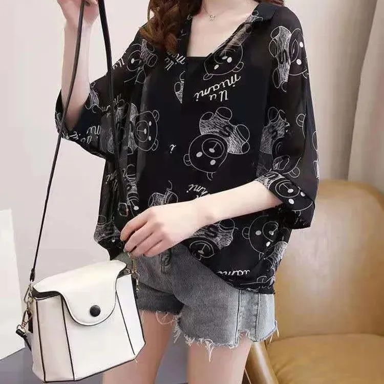 韓系格紋豹紋罩衫兩件組 冷氣房抗凍雪紡蝙蝠袖+防走光背心