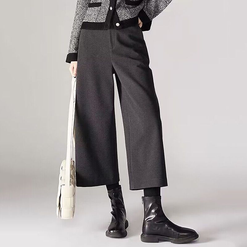 毛呢八分寬褲 秋冬新款休閒寬鬆顯瘦