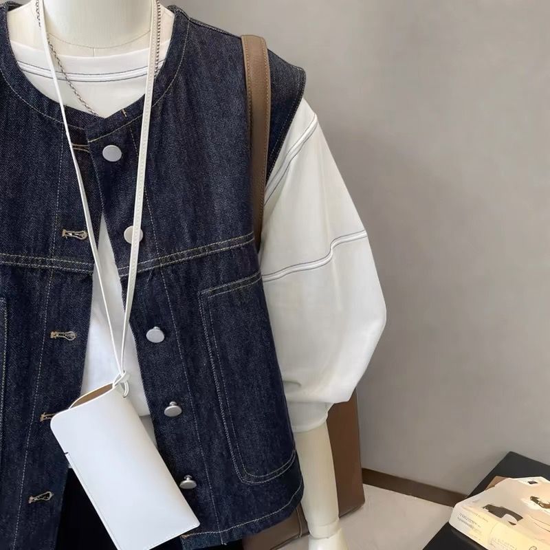 短版復古牛仔背心 春夏小個子無袖外套 時尚設計感上衣