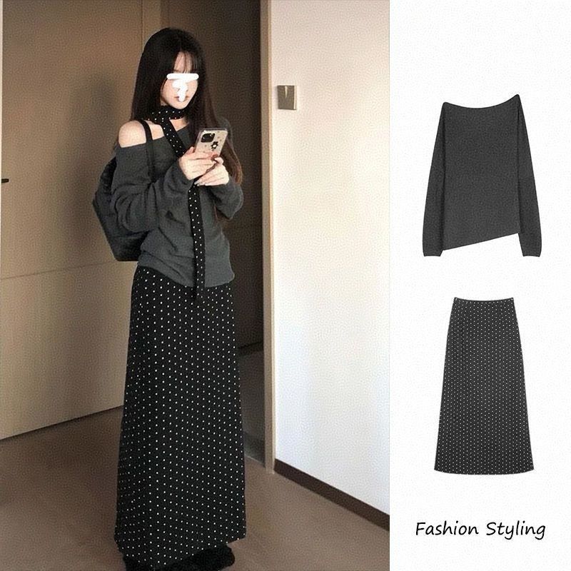 甜辣感一字領長袖上衣＋小圓點A字長裙 早秋套裝