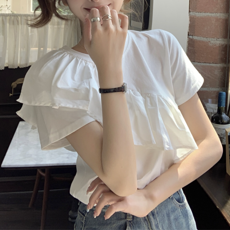 甜美荷葉邊短袖上衣 小眾顯瘦T恤設計感白色