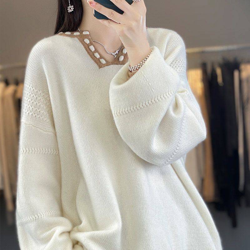 撞色V領慵懶針織上衣 寬鬆版 奶茶米色 滾邊設計 秋冬外穿好搭