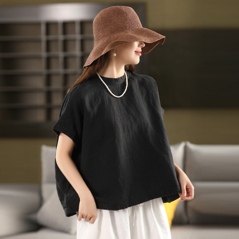 夏季亞麻短袖上衣 文青復古風寬鬆T恤襯衫 遮手臂顯瘦百搭款