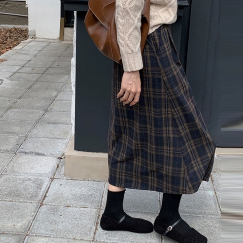 復古格紋毛呢中長裙 高腰A字傘裙 寬鬆顯瘦 修飾臀胯 秋冬百搭