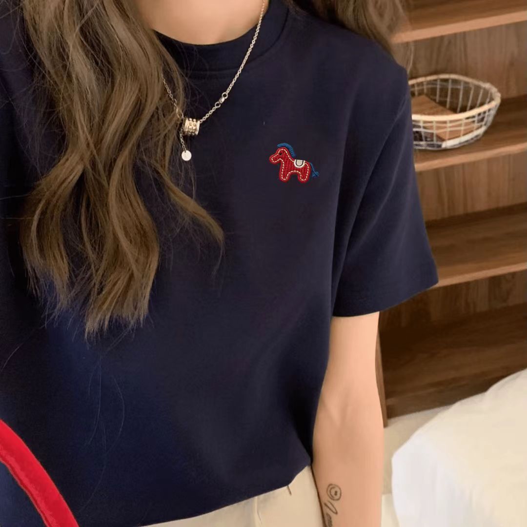 S-4XL純棉小馬刺繡短袖T恤 正版型簡約百搭酒紅上衣