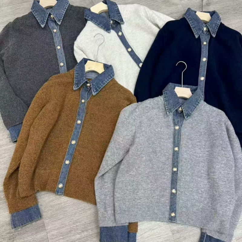 韓系牛仔拼接針織外套 厚磅質感 層次襯領設計