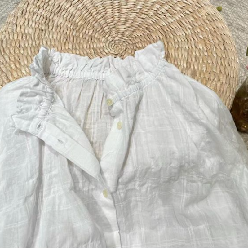 文青款​棉麻襯衫 雙面神級穿法 荷葉領文藝復古五分袖休閒上衣