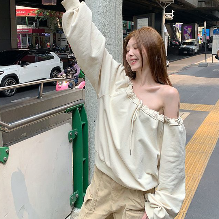 韓系綁帶斜肩寬鬆大學T 慵懶感套頭長袖上衣