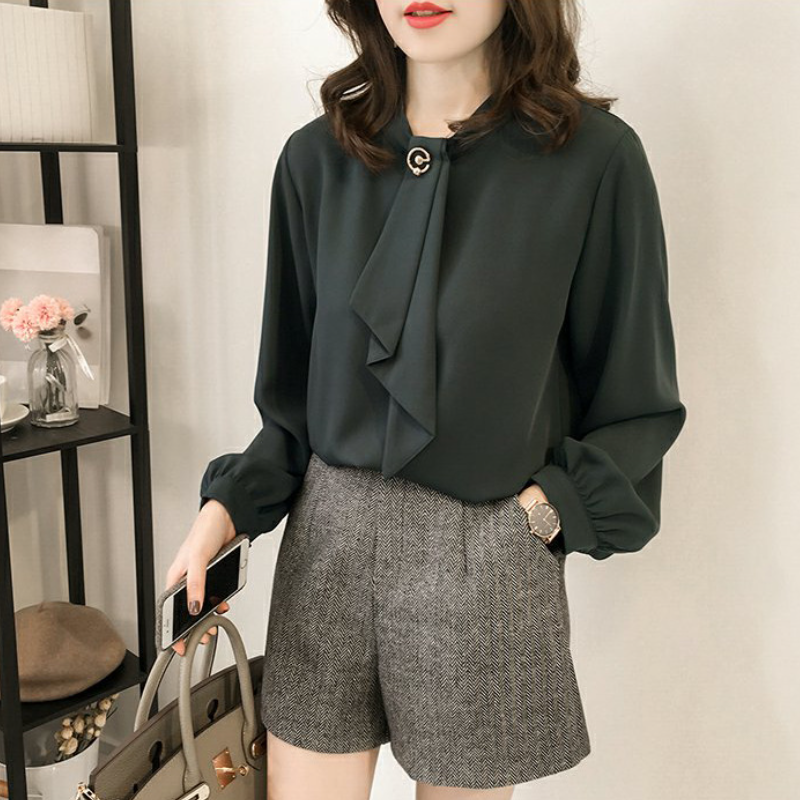 韓版燈籠袖氣質優雅襯衫-秋季通勤純色寬鬆大尺碼長袖上衣