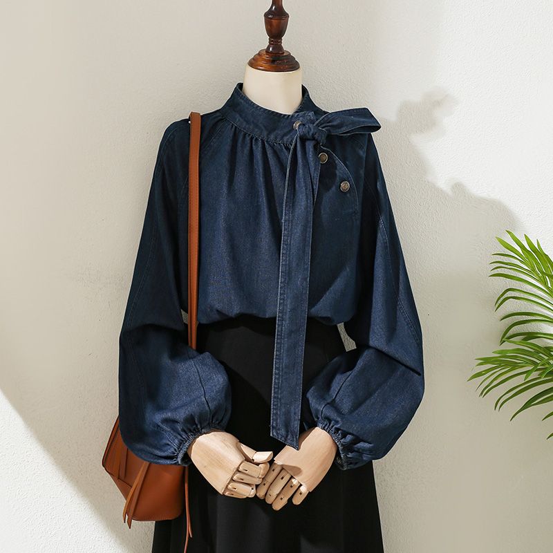 牛仔系帶蝴蝶結襯衫 燈籠袖設計 百搭丹寧上衣