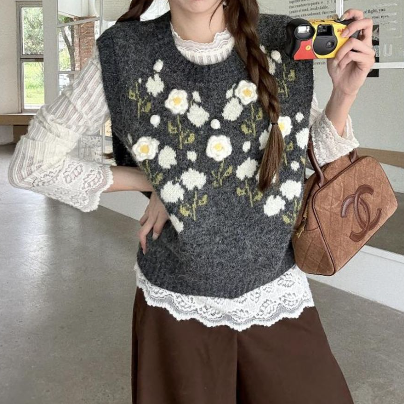 【單品可選】韓系提花針織背心+蕾絲拼接上衣 秋季寬鬆慵懶風背心 花卉刺繡設計