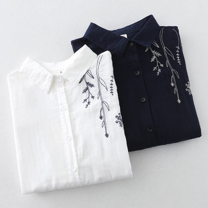 多層次外罩襯衫 微光澤棉麻刺繡上衣 熟齡顯瘦藏肉神器 獨家版型 抗皺透氣閨蜜親子裝穿搭