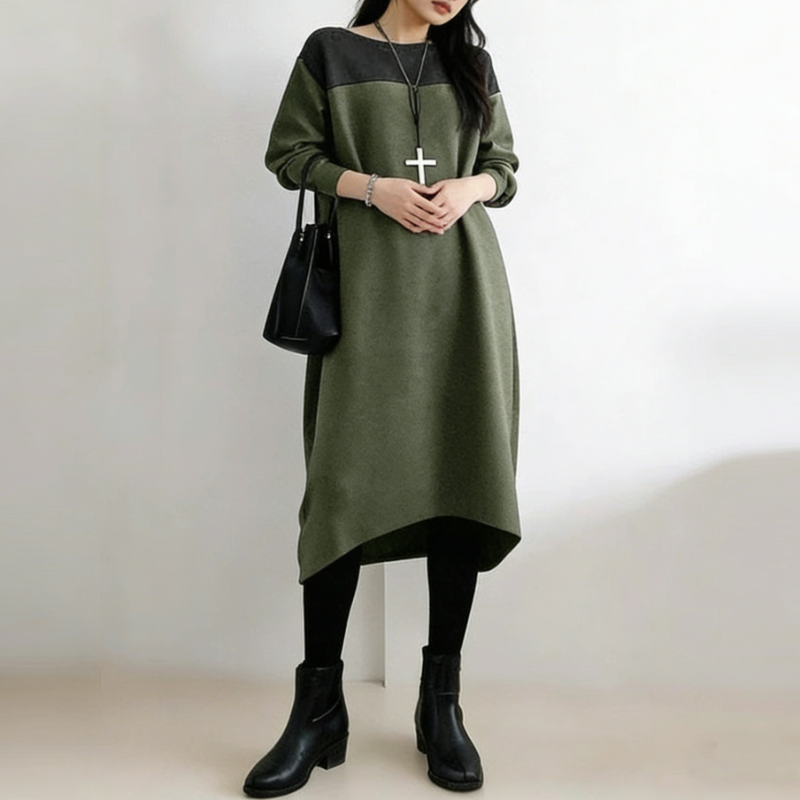 撞色拼接長版洋裝 寬鬆剪裁 圓領設計 秋冬耐看百搭