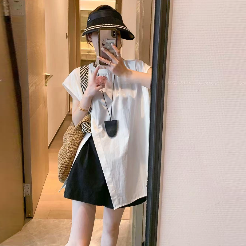 不規則側開高衩飛袖襯衫 夏季寬鬆設計感休閒氣質上衣