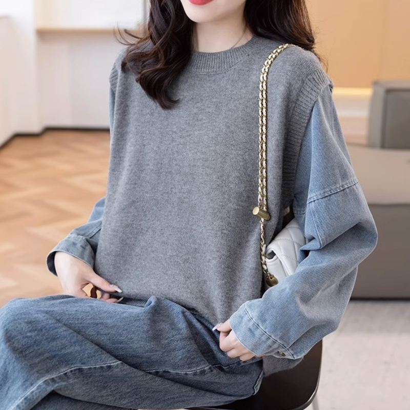 牛仔袖拼接假兩件針織上衣 寬鬆剪裁 秋冬百搭款