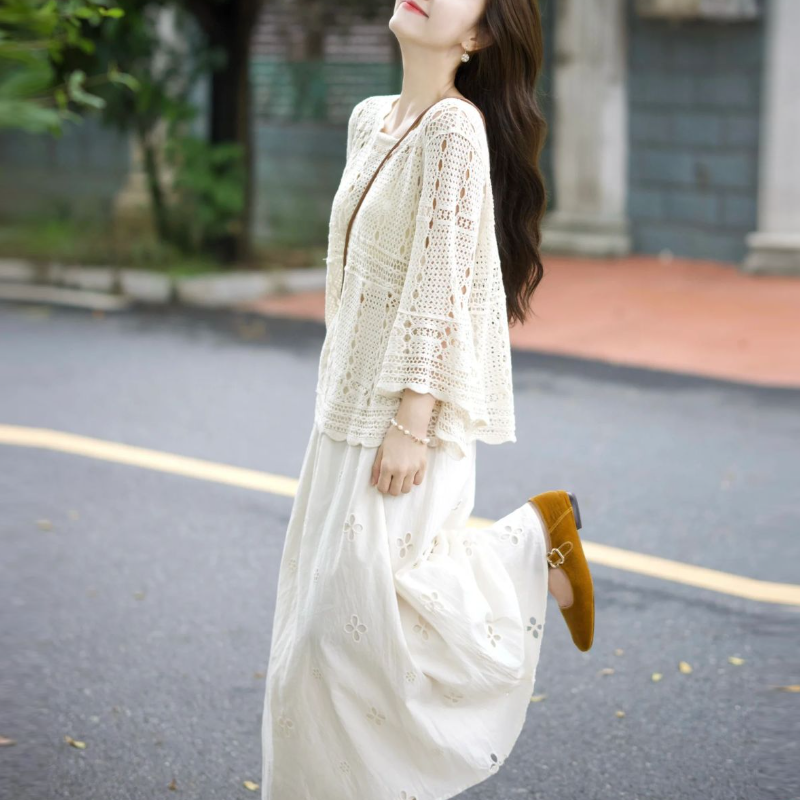 【單品可選】溫柔風兩件式套裝 鏤空長袖上衣+半身長裙 氣質減齡