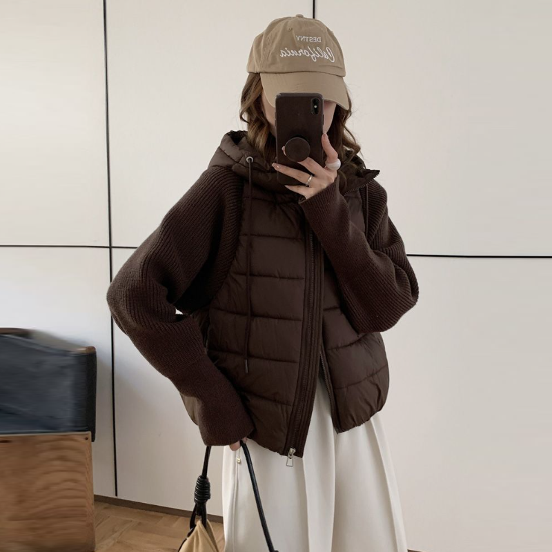 針織拼接連帽鋪棉外套 短版輕量 保暖不臃腫（小個子友善）
