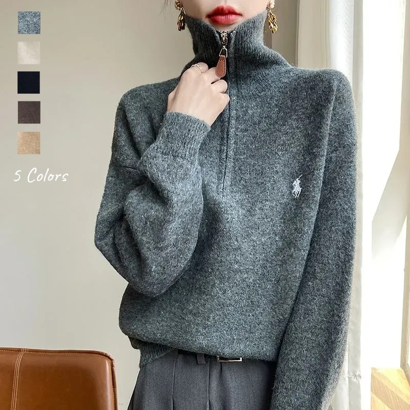 拉鏈翻領針織上衣 寬鬆設計 秋冬必備