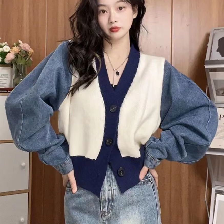 小香風拼接外套 V領針織＋丹寧袖 短版撞色 早秋寬鬆 設計感