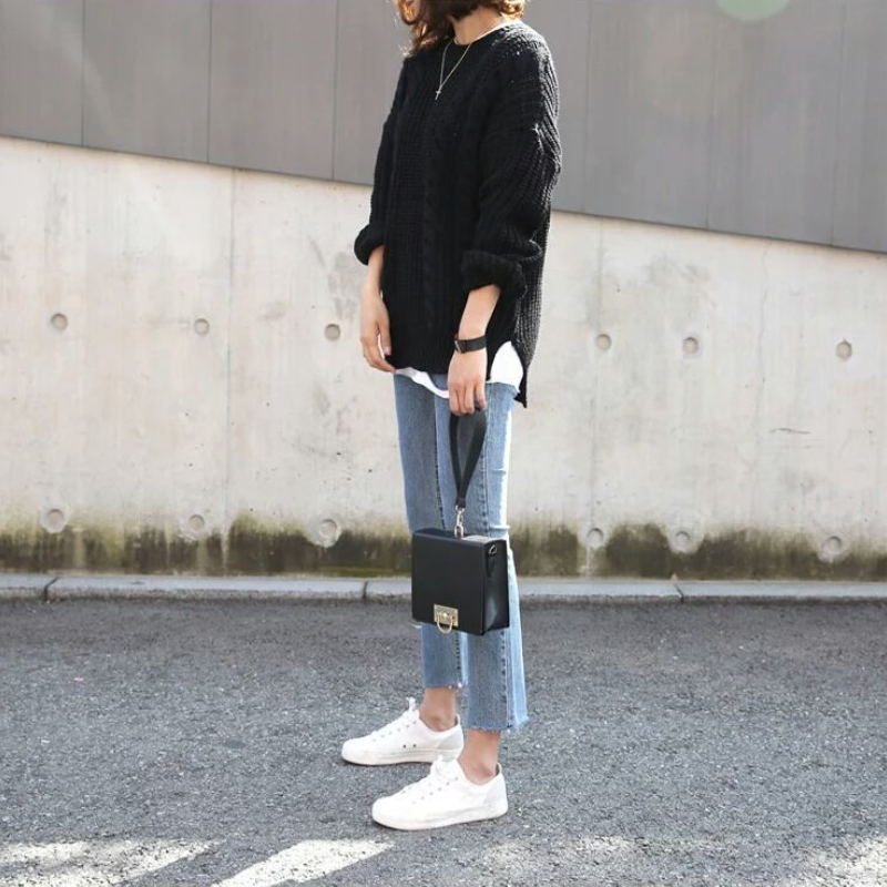 高腰顯瘦破洞牛仔褲-小隻女155九分直筒褲 時尚微喇設計