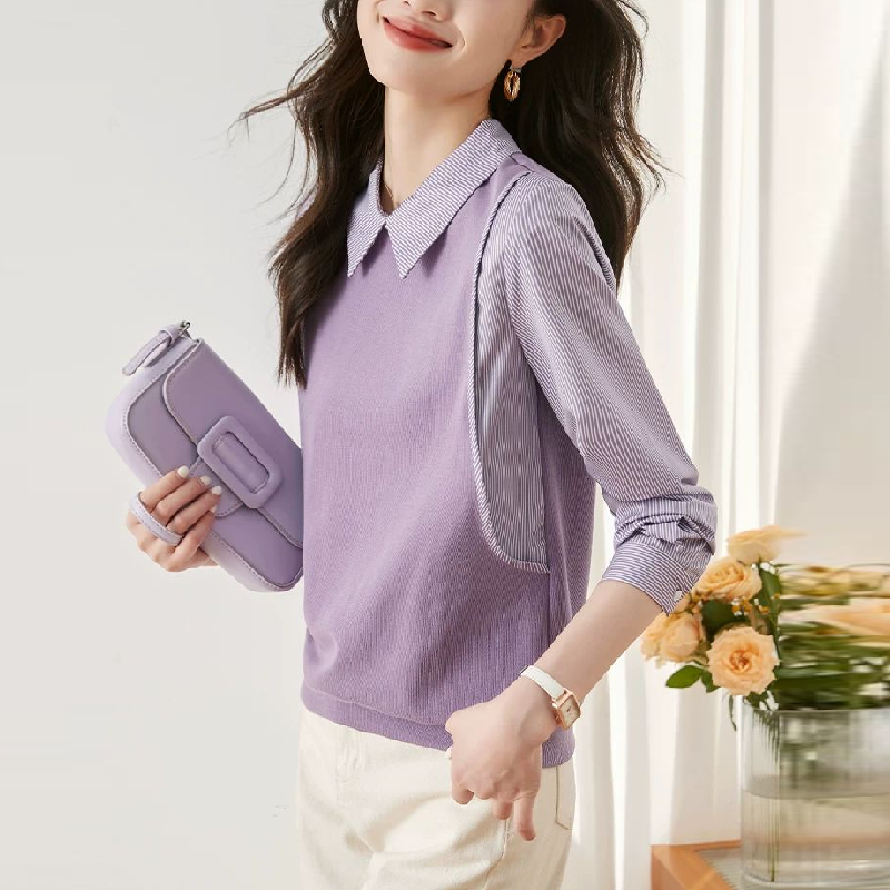 春夏法式條紋假兩件長袖襯衫 高級感豎條紋浪漫紫色翻領上衣