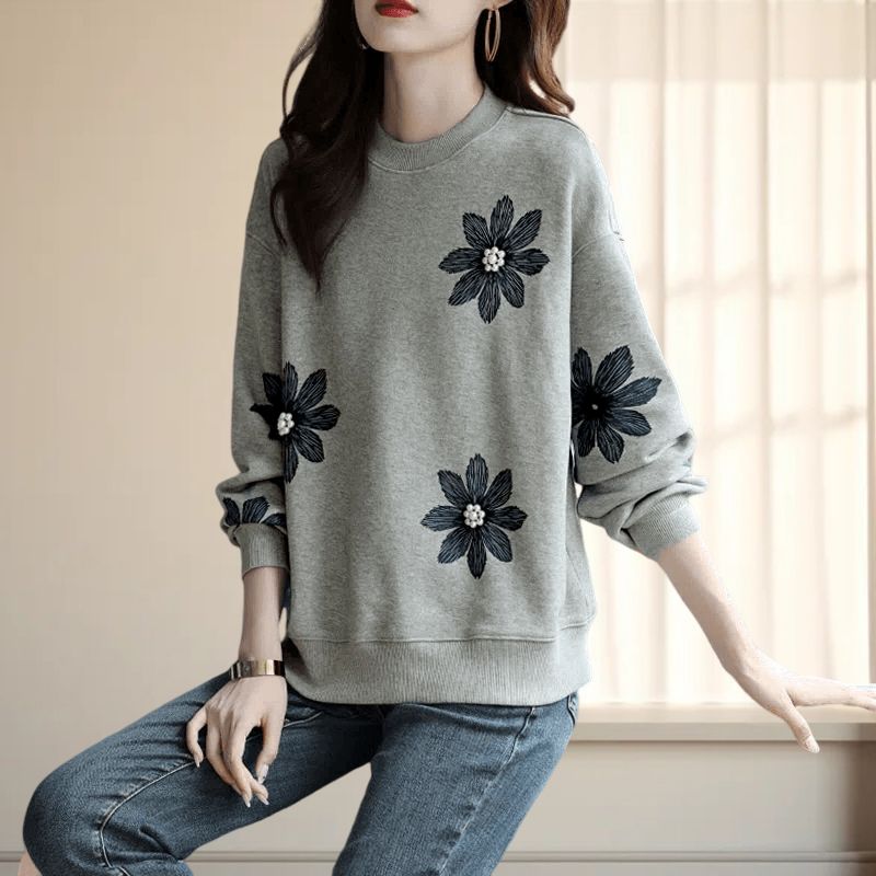 韓系印花大學T 圓領長袖 小花立體釘珠 設計感上衣