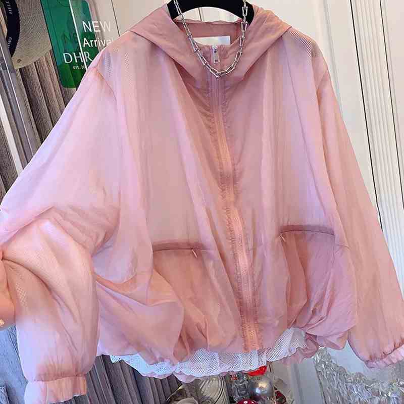 大尺碼寬鬆顯瘦連帽抗UV連帽罩衫 防曬短款外套  防潑水抗靜電微甜心機設計