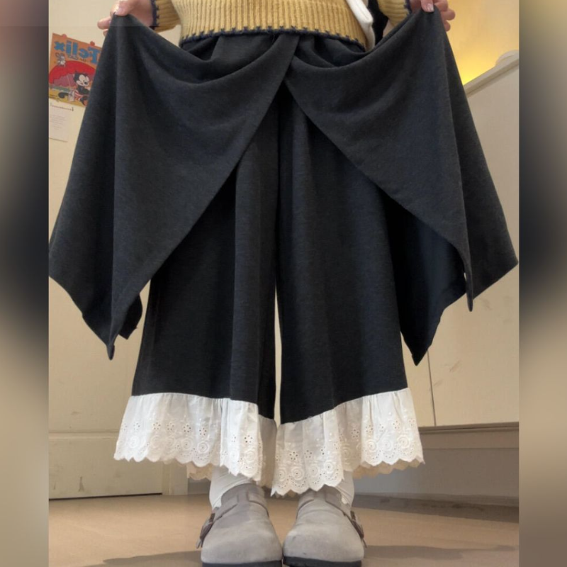 深灰蕾絲拼接褲裙 闊腿垂墜感 嬌小友善 秋季新款