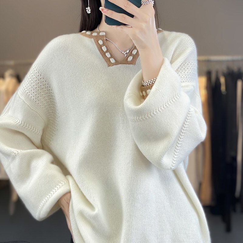 撞色V領慵懶針織上衣 寬鬆版 奶茶米色 滾邊設計 秋冬外穿好搭