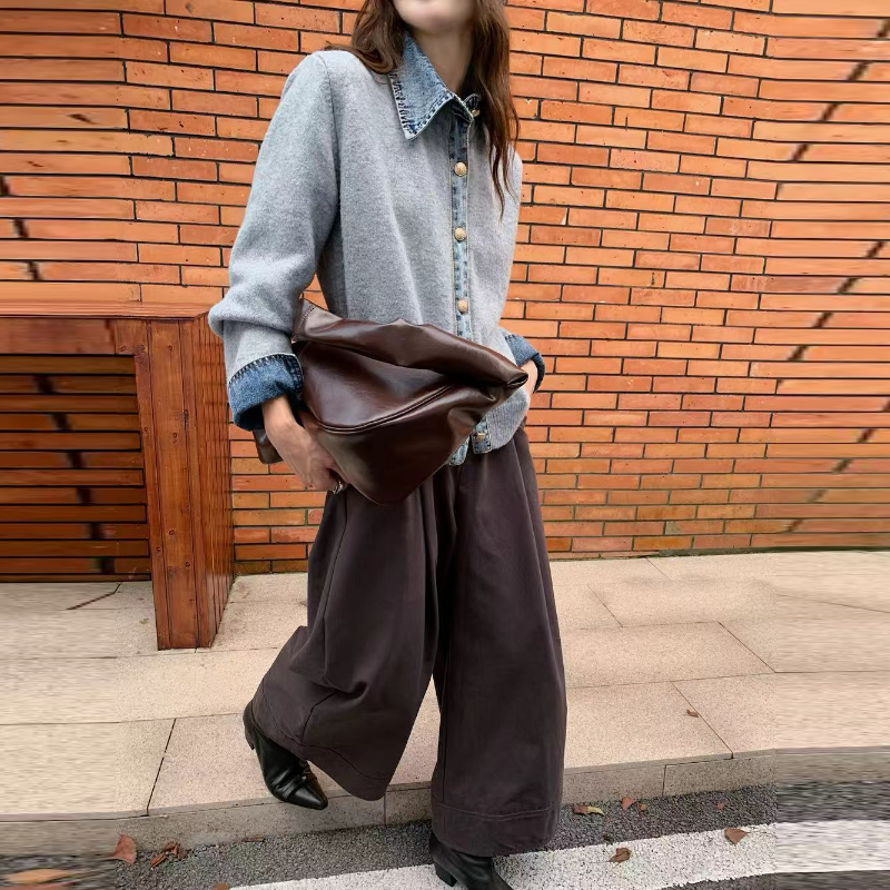 韓系牛仔拼接針織外套 厚磅質感 層次襯領設計