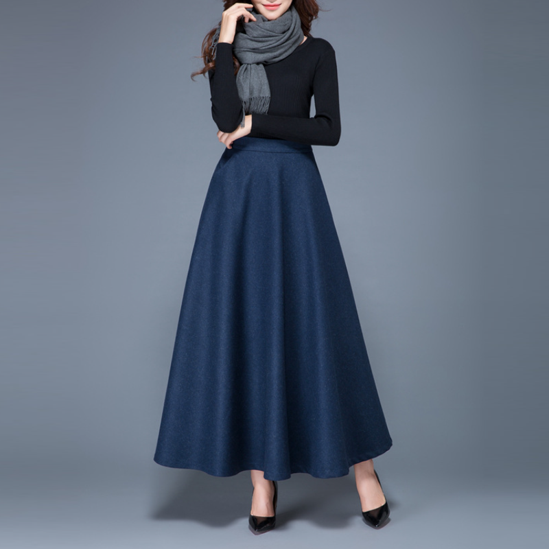百搭毛呢中長款大擺裙氣質通勤半身裙（有口袋）