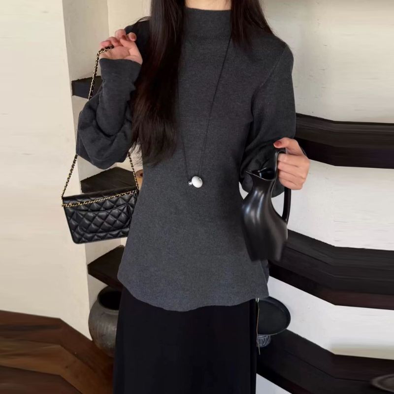 法式半高領荷葉擺針織上衣 燈籠袖 收腰版型 比例更好看