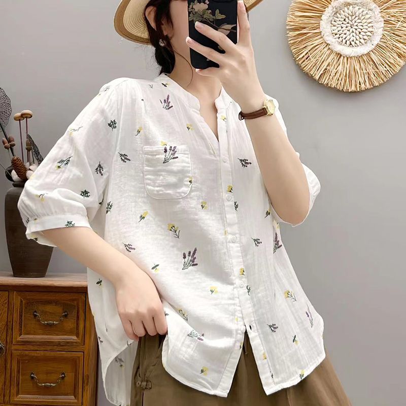 碎花雙層棉紗襯衫 中袖設計 寬鬆舒適 文青風上衣