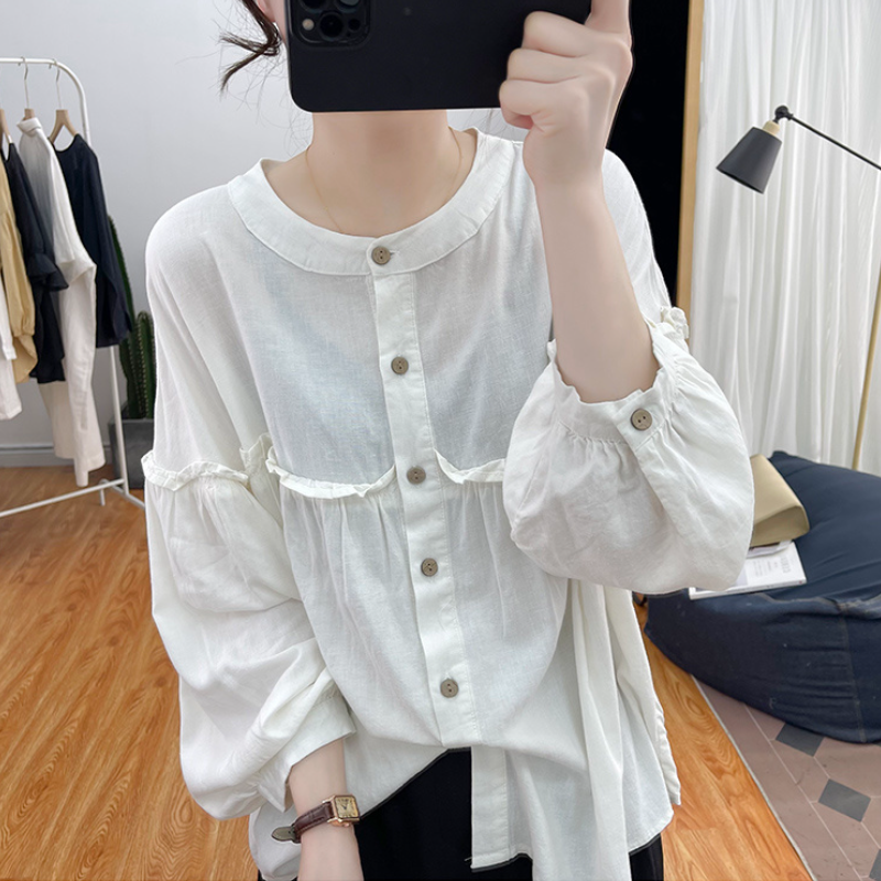 純棉燈籠袖襯衫 圓領排釦 荷葉邊拼接 寬鬆復古感