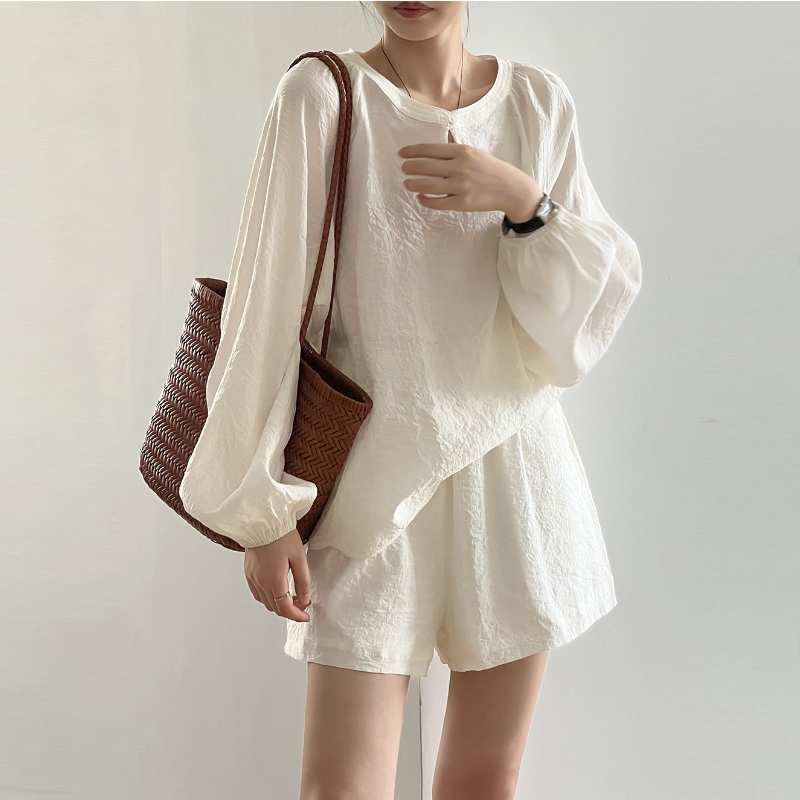 名媛風兩件套 寬鬆褶皺棉麻圓領防曬上衣＋寬褲短褲套裝