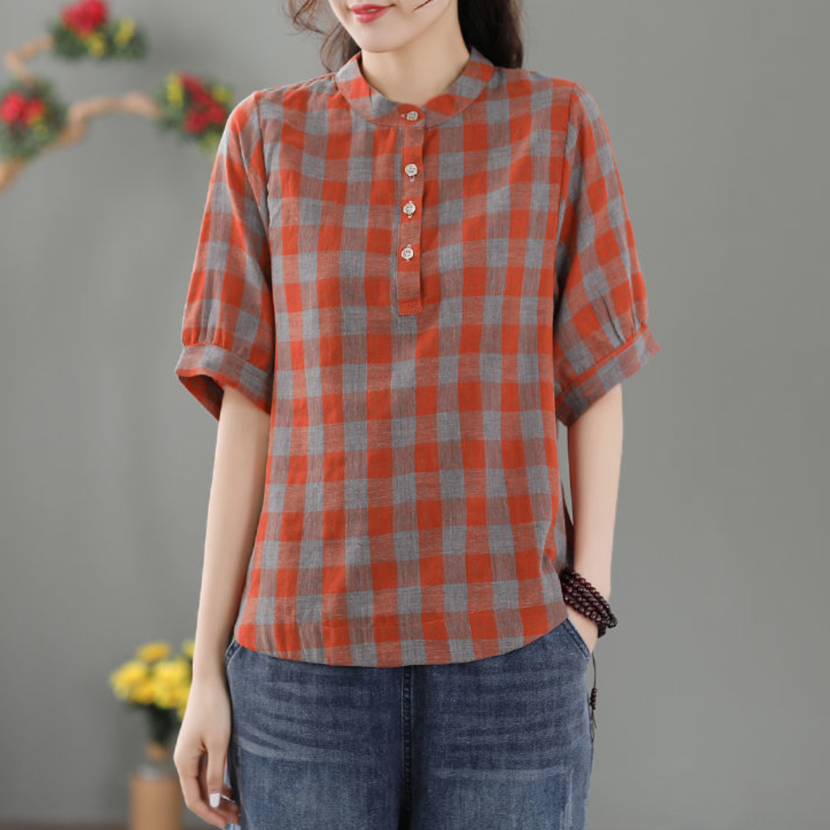 昭和風窗格紋棉麻罩衫 大尺碼衬衫上衣
