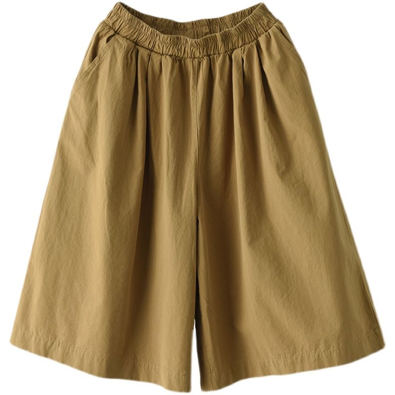 純棉寬版中長褲 鬆緊腰設計 文青休閒風