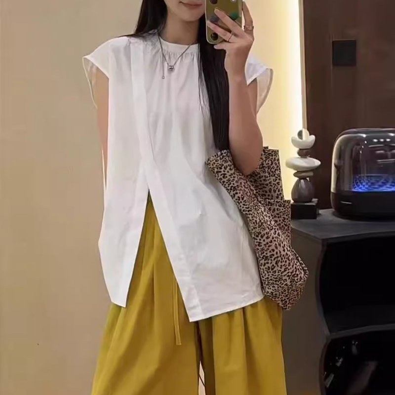 不規則側開高衩飛袖襯衫 夏季寬鬆設計感休閒氣質上衣