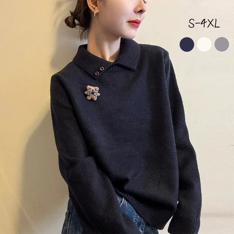 POLO領設計感針織上衣 卡通胸針造型 秋冬氣質毛衣
