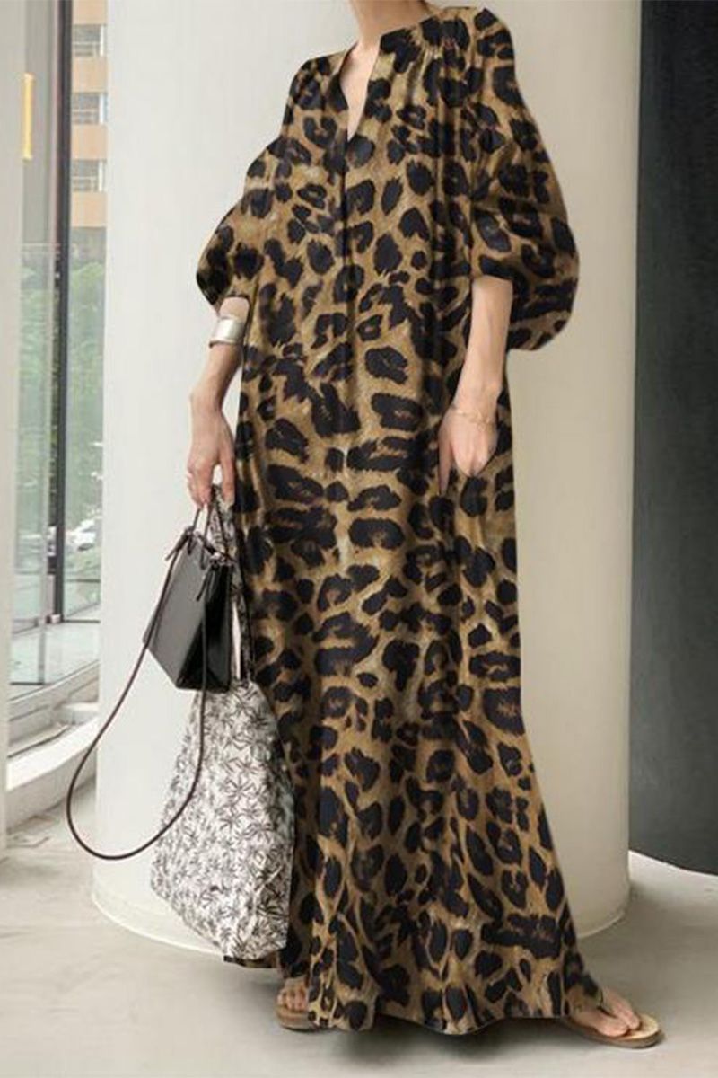 豹紋燈籠袖長洋裝 寬鬆設計款 度假風